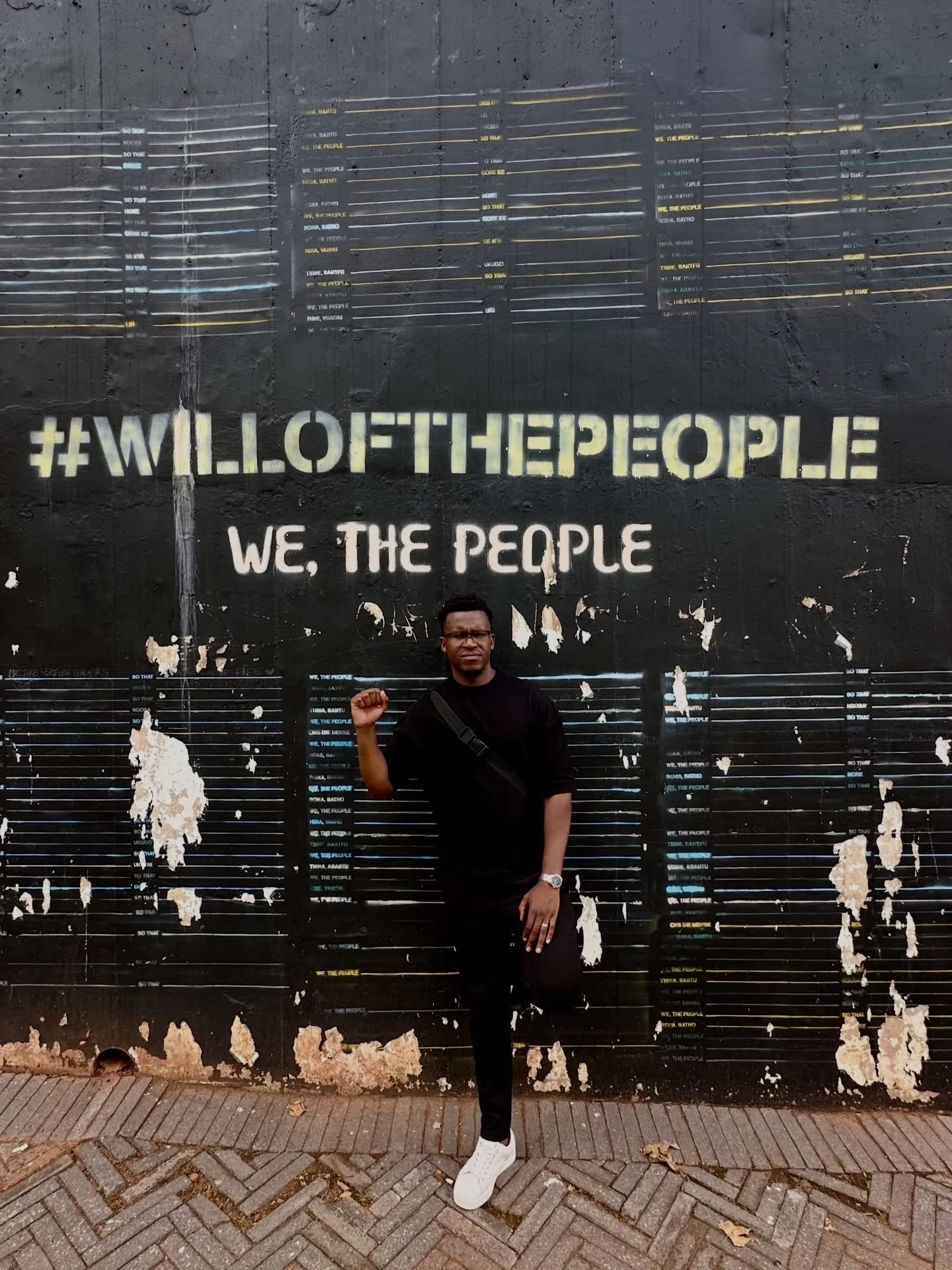 Phinius standing in front of a wall reading We, the People, with his fist raised.